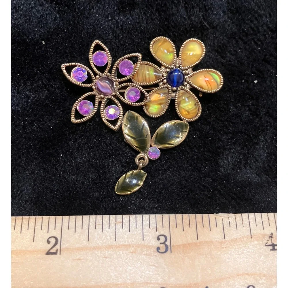 Floral Brooch Bundle Women Multicolor Rhinestone Pearl Enamel Lot of 4